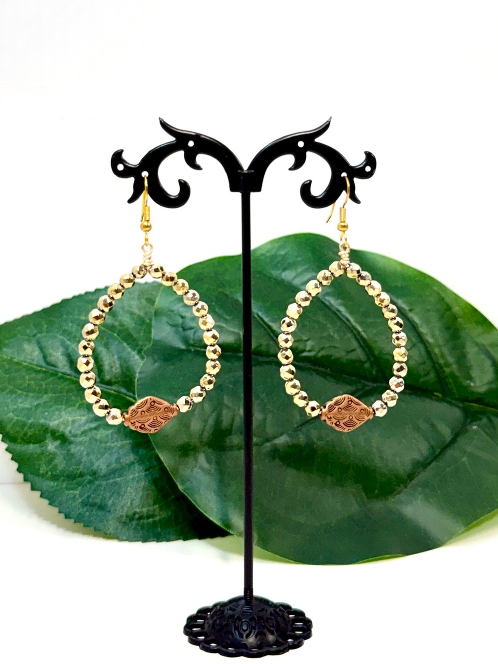 Gemelli Earth Gold Pyrite Beaded Teardrop Statement Earrings NWT
